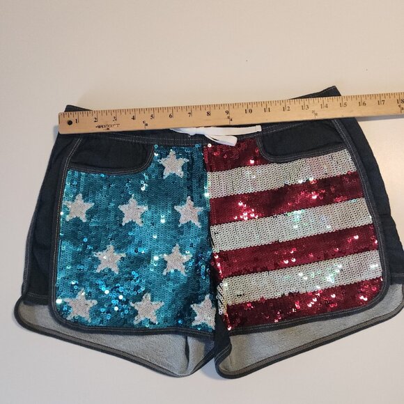 Juicy Couture US Flag Sequin Shorts Patriotic Denim Stretch July 4th USA Medium - Picture 8 of 12